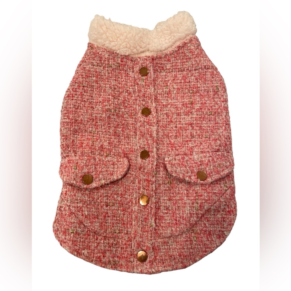 Top Paw Tweed Pink and Gold Dog Coat with Bronze Buttons.